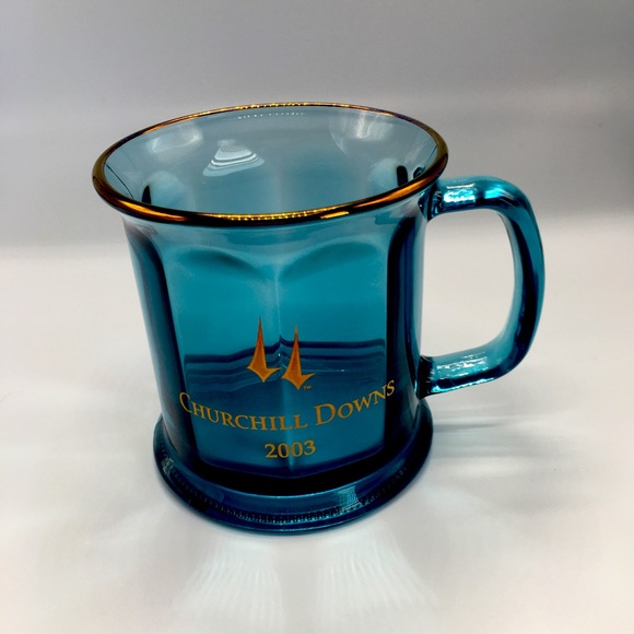 VTG 2003 Blue & Gold Trim Churchill Downs Glass Coffee Cup/Mug. 4 in diameter - Picture 1 of 6